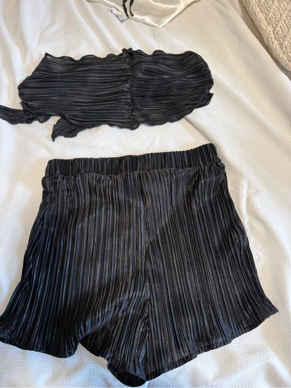 Black Pleated Two-Piece Crop Top and Shorts Set - Picture 2 of 2